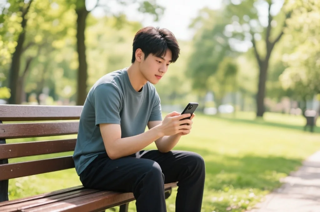 一位年轻用户在公园长椅上使用手机，专注地体验恒盛娱乐App，周围环境轻松愉快