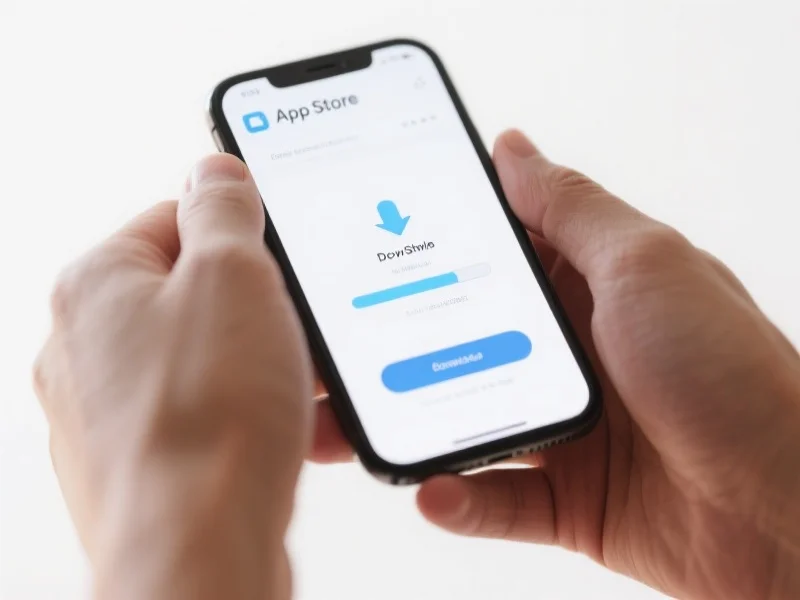 特写镜头，双手正握着一部智能手机，屏幕上显示着应用商店页面或恒盛娱乐App的下载进度条